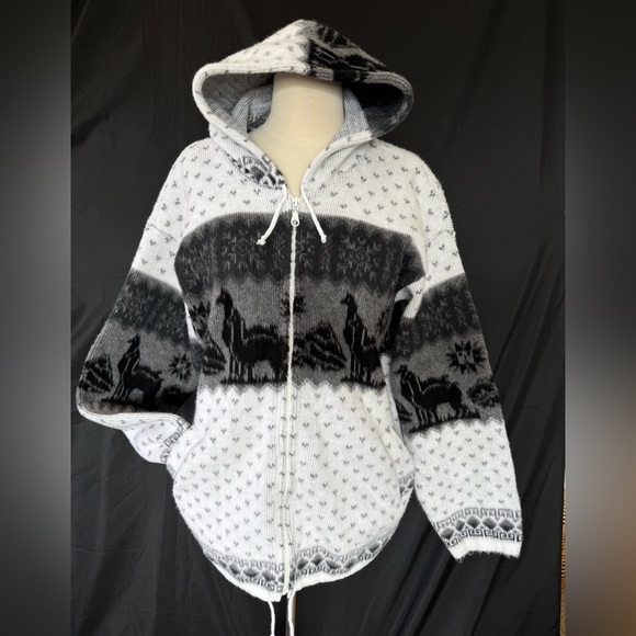 Wool Hoodie zip up Cardigan jacket ecuador aztec alpaca unisex - Picture 4 of 10